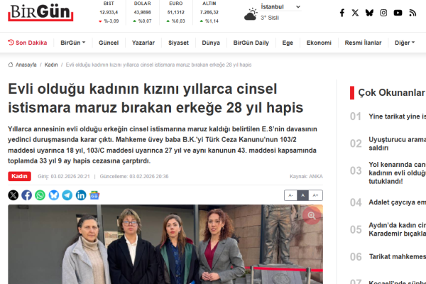 bir gun evli oldugu kadinin kizini yillarca cinsel istismara maruz birakan erkege 28 yil hapis