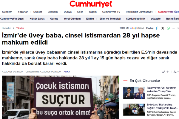 cumhuriyet izmirde uvey baba cinsel istismardan 28 yil hapse mahkum edildi