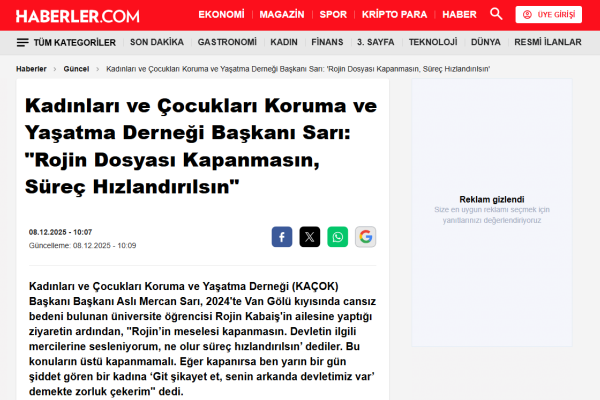 haberlercom kadinlari ve cocuklari koruma ve yasatma dernegi baskani sari rojin dosyasi kapanmasin surec hizlandirilsin